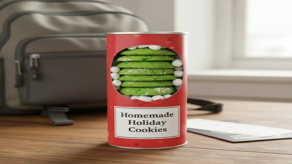 Festive green holiday cookies packed in a red travel-friendly tube, ideal for gifting or taking on the go.