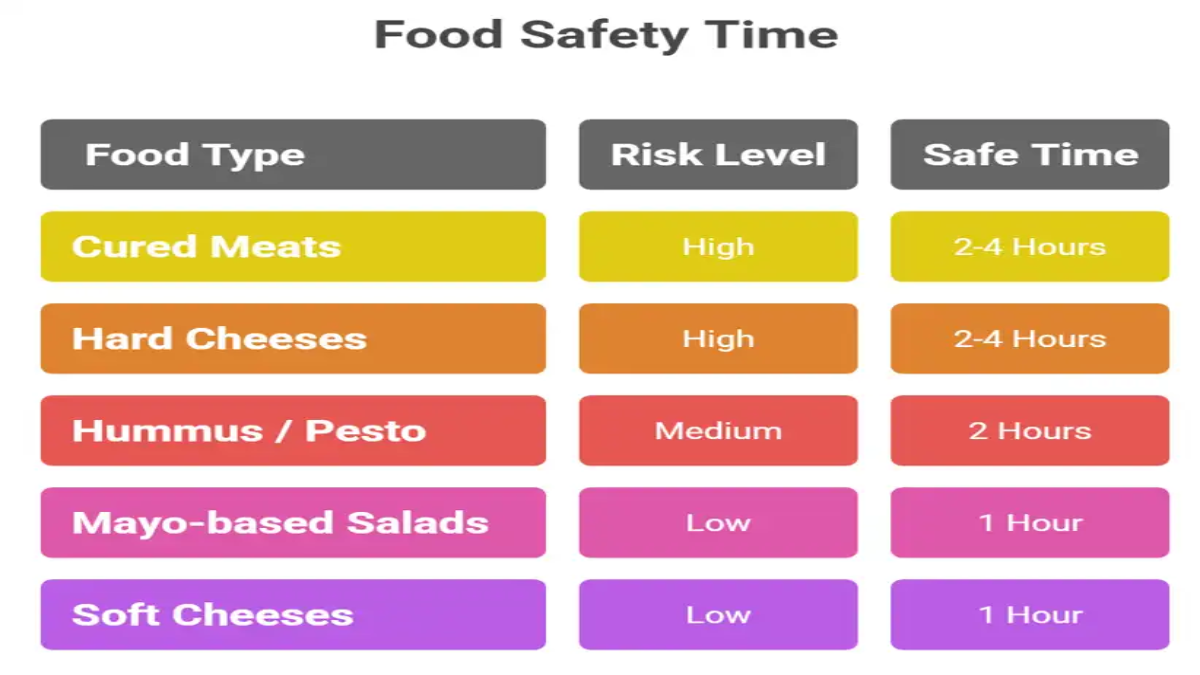 Color-coded food safety chart showing food types, their risk levels, and how long they are safe to eat at room temperature.
