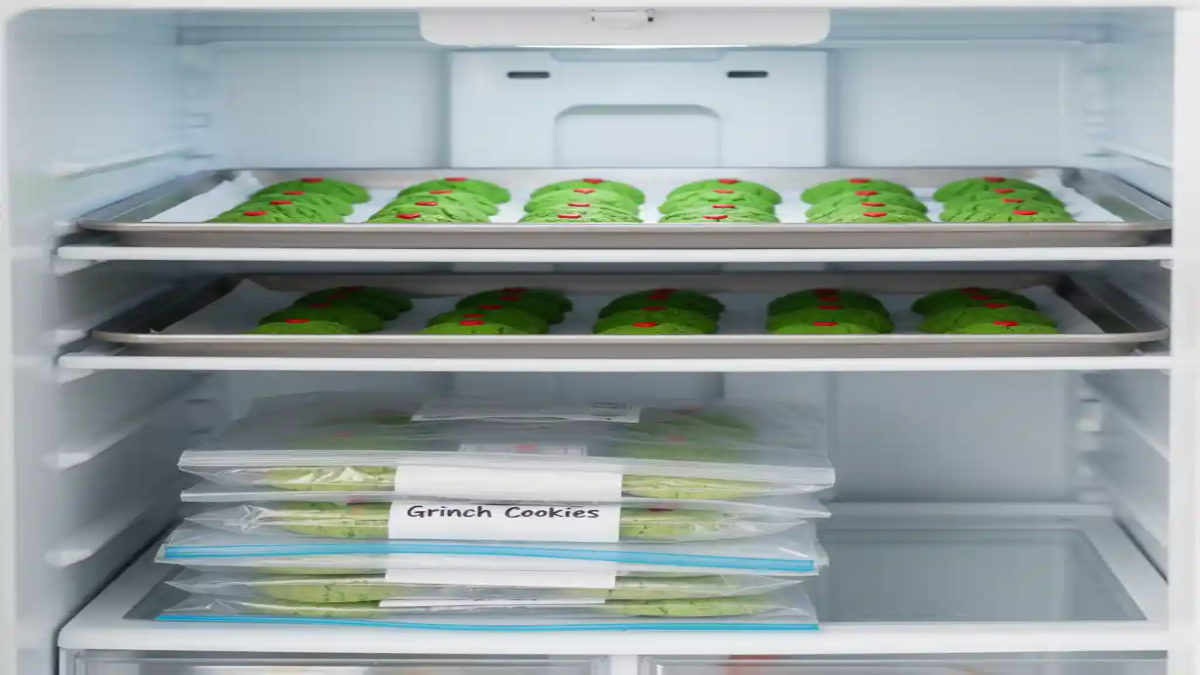 Grinch cookies stored in freezer bags and trays inside a refrigerator for holiday travel or make-ahead treats.
