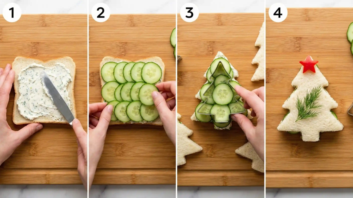 Step-by-step tutorial showing how to make a cucumber Christmas tree sandwich with herbed cream cheese, sliced cucumbers, and festive garnishes.