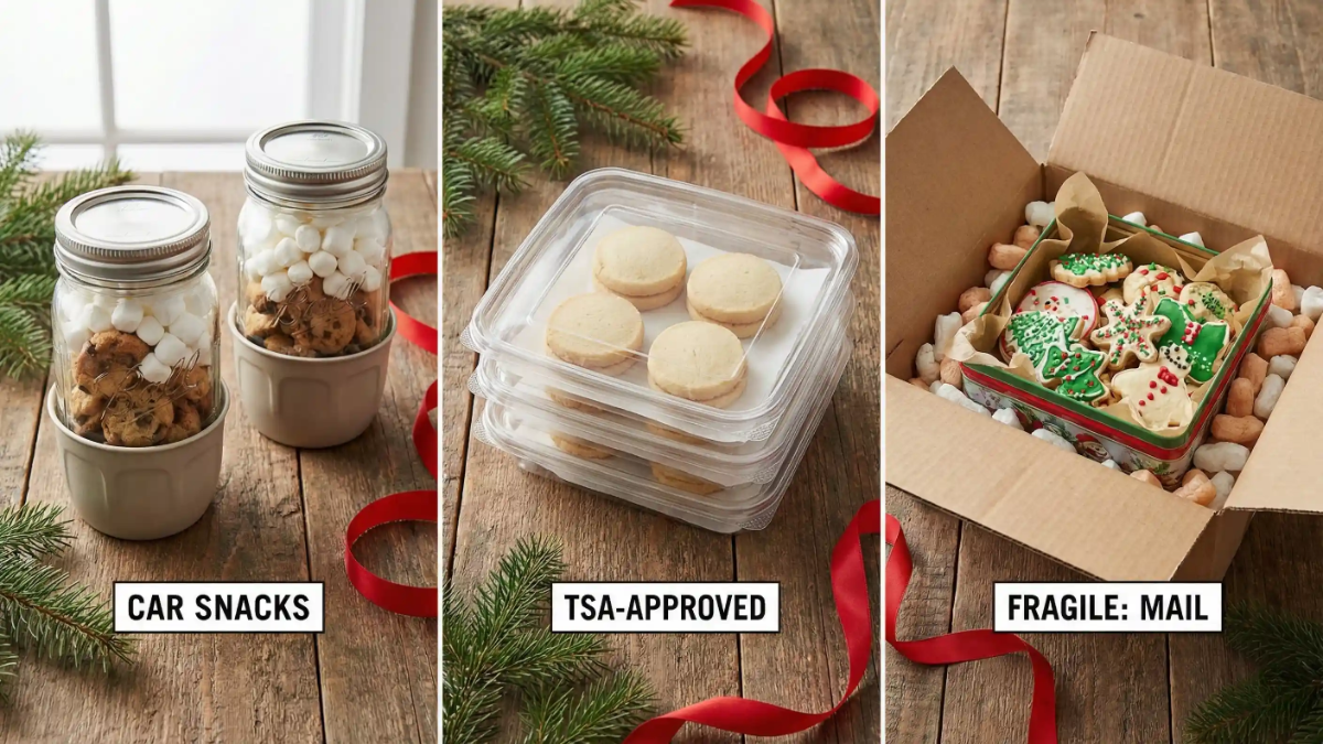 Three holiday cookie packing ideas labeled “Car Snacks” in mason jars with marshmallows, “TSA-Approved” shortbread cookies in stacked plastic containers, and “Fragile: Mail” iced cookies in a festive tin inside a cardboard box.
