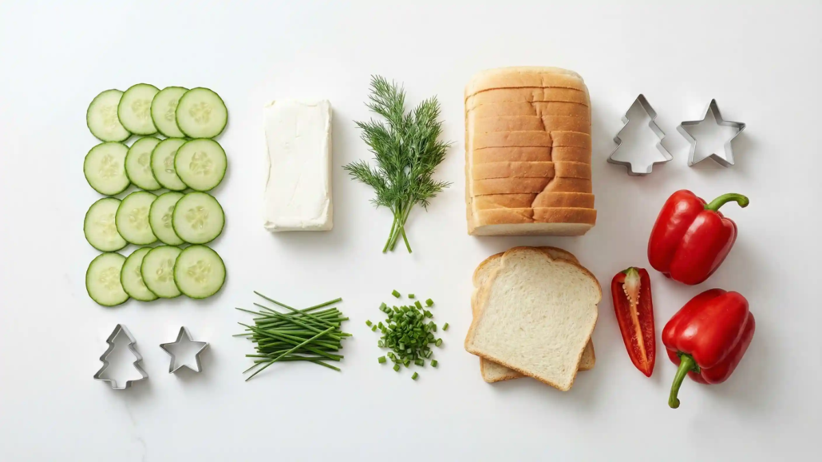 Ingredients for Christmas tree cucumber sandwiches, including sliced cucumbers, cream cheese, dill, chives, white bread, red bell peppers, and holiday-shaped cookie cutters.