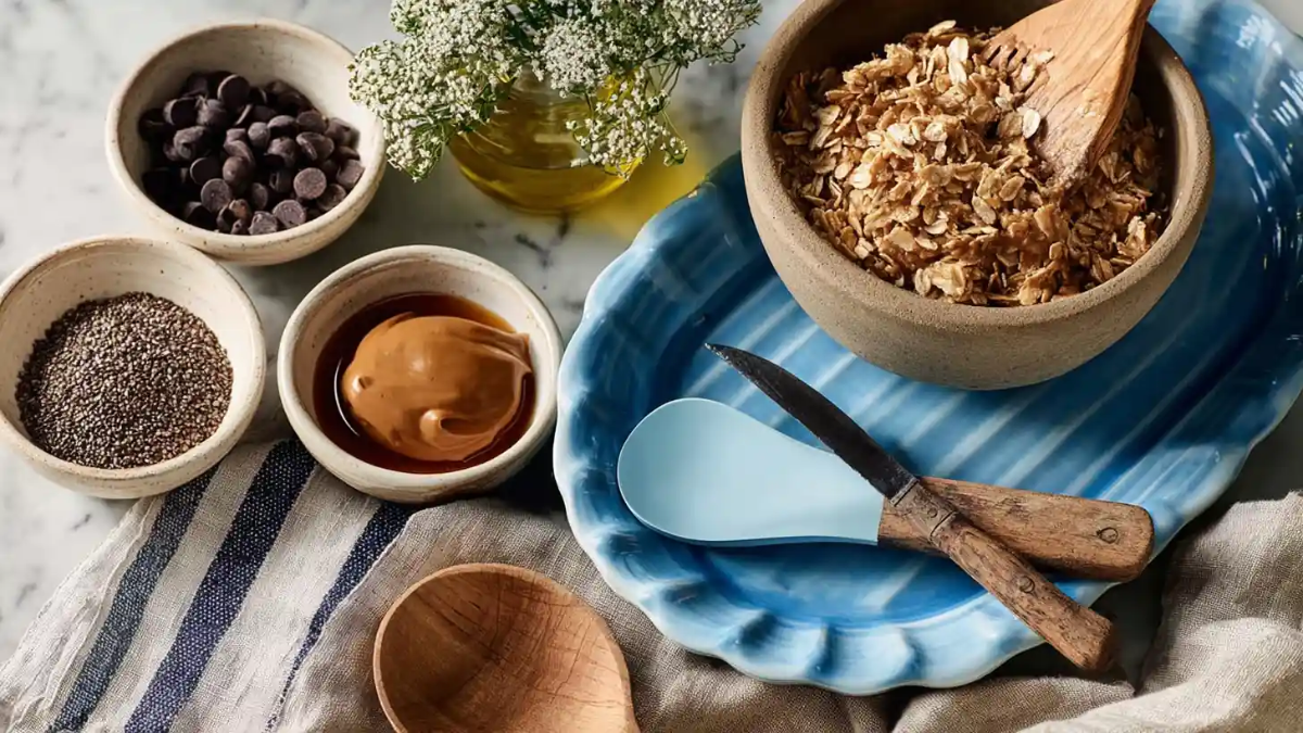 Ingredients for homemade protein balls including oats, peanut butter, chocolate chips, chia seeds, and honey arranged on a marble countertop.