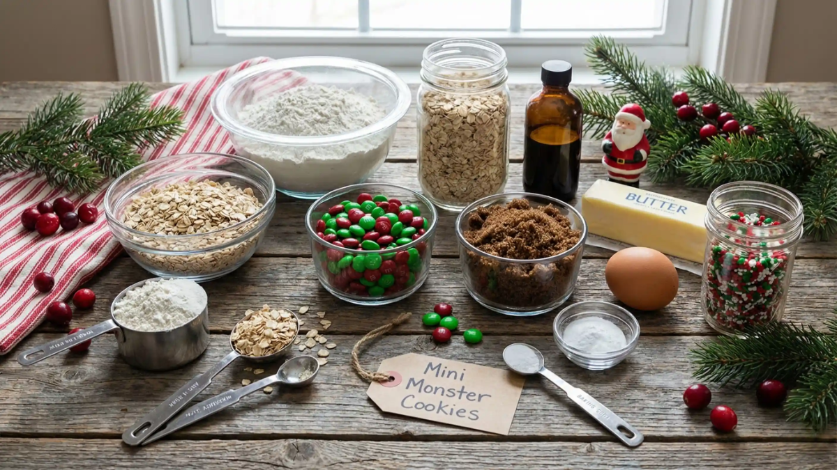 Ingredients for mini monster cookies laid out on a rustic wooden surface, including oats, flour, brown sugar, butter, egg, M&Ms, sprinkles, and a handwritten tag labeled "Mini Monster Cookies."