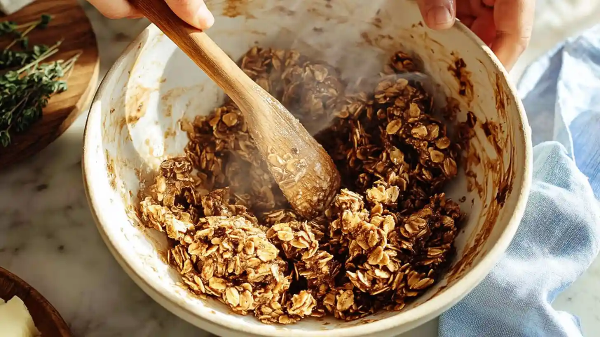 Mixing oats, peanut butter, and honey in a ceramic bowl with a wooden spoon to make homemade protein ball dough.