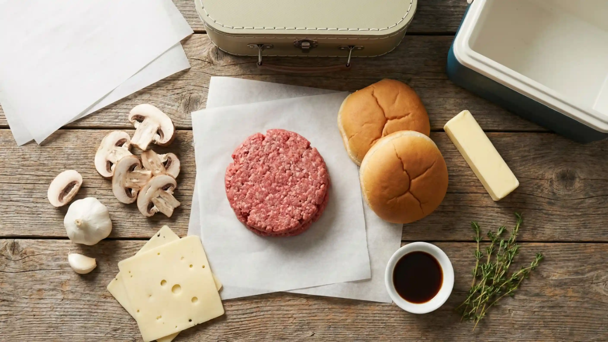 Flat lay of raw burger patty, Swiss cheese, mushrooms, garlic, buns, butter, Worcestershire sauce, and thyme
