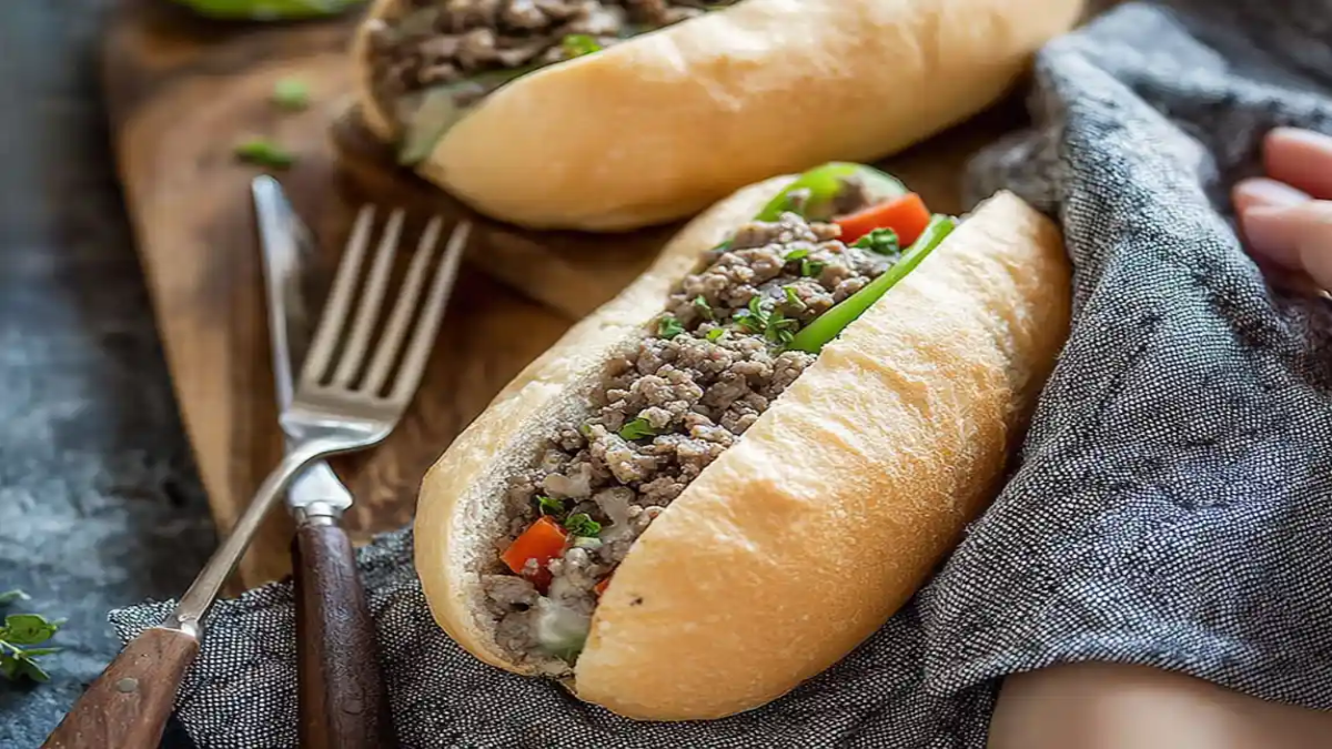 Ground beef sandwich with green bell peppers and diced red peppers served in a hoagie roll on a rustic napkin.