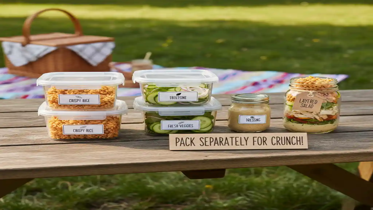 Containers of crispy rice, fresh veggies, dressing, and a layered salad jar on a picnic table with a sign that says “Pack Separately for Crunch!”