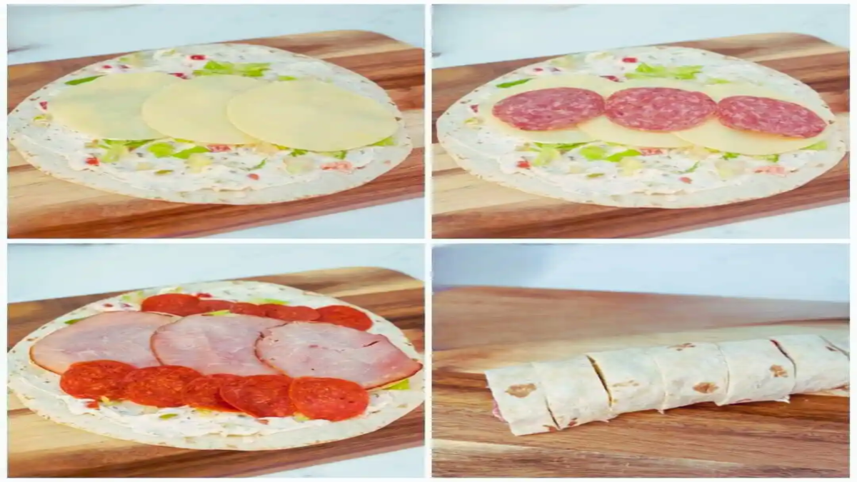 Step-by-step images showing how to make Italian pinwheel wraps with cheese, salami, pepperoni, ham, and a creamy spread on a tortilla.