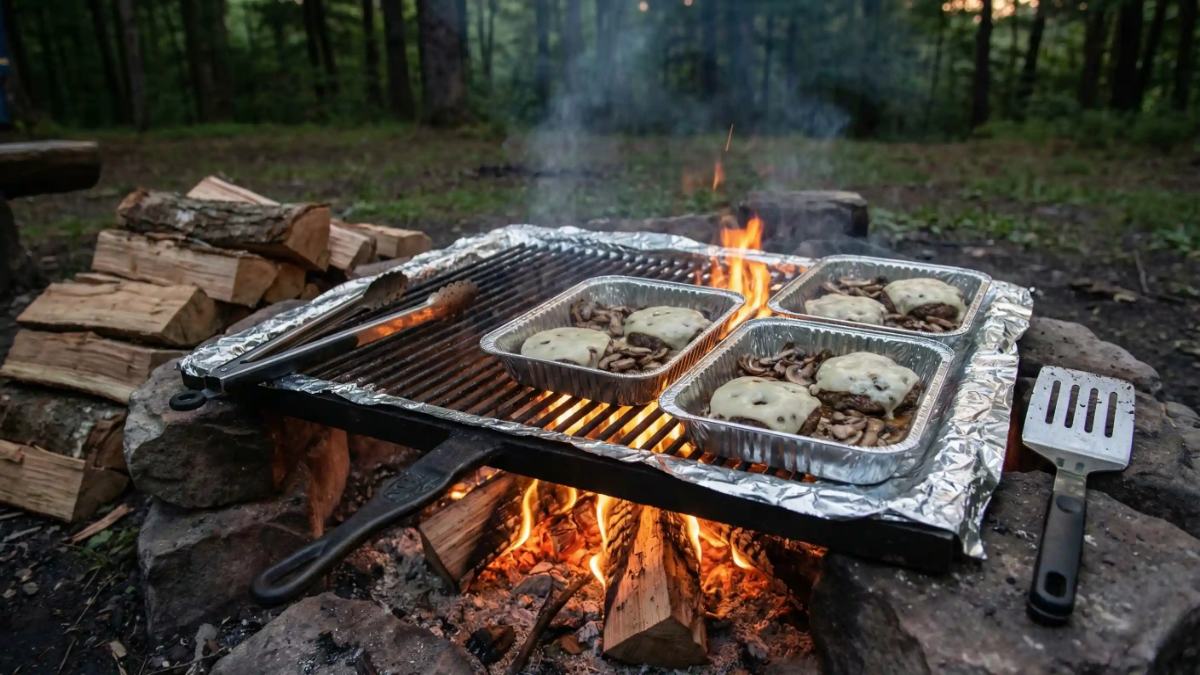 Mushroom Swiss burger patties cooking in foil trays over a campfire grill in the woods