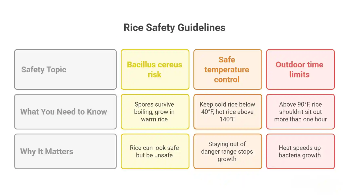 Color-coded chart showing rice safety topics like Bacillus cereus risk, temperature control, and outdoor time limits