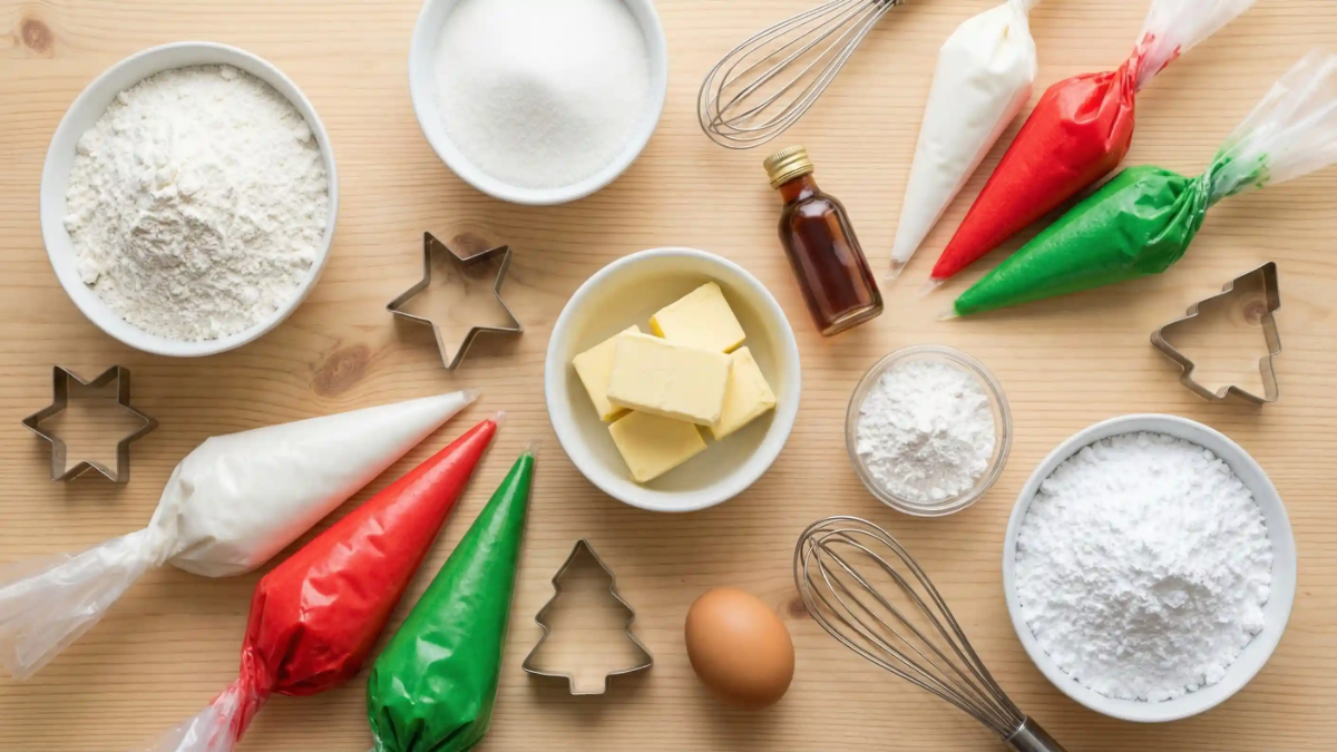 Flat lay of sugar cookie decorating ingredients including flour, powdered sugar, butter, vanilla, egg, piping bags filled with red, white, and green icing, whisks, and holiday cookie cutters.