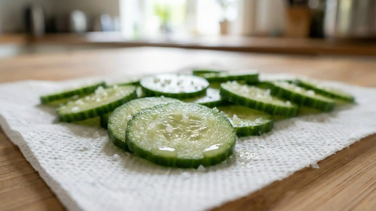Close-up of salted cucumber slices resting on a paper towel to draw out excess moisture.