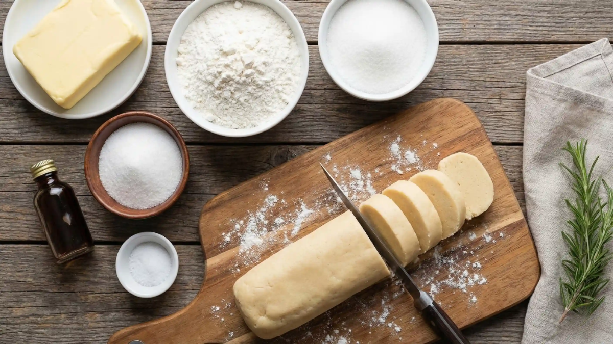 Sugar cookie dough being sliced on a wooden cutting board, surrounded by baking ingredients like flour, butter, sugar, vanilla, and salt.