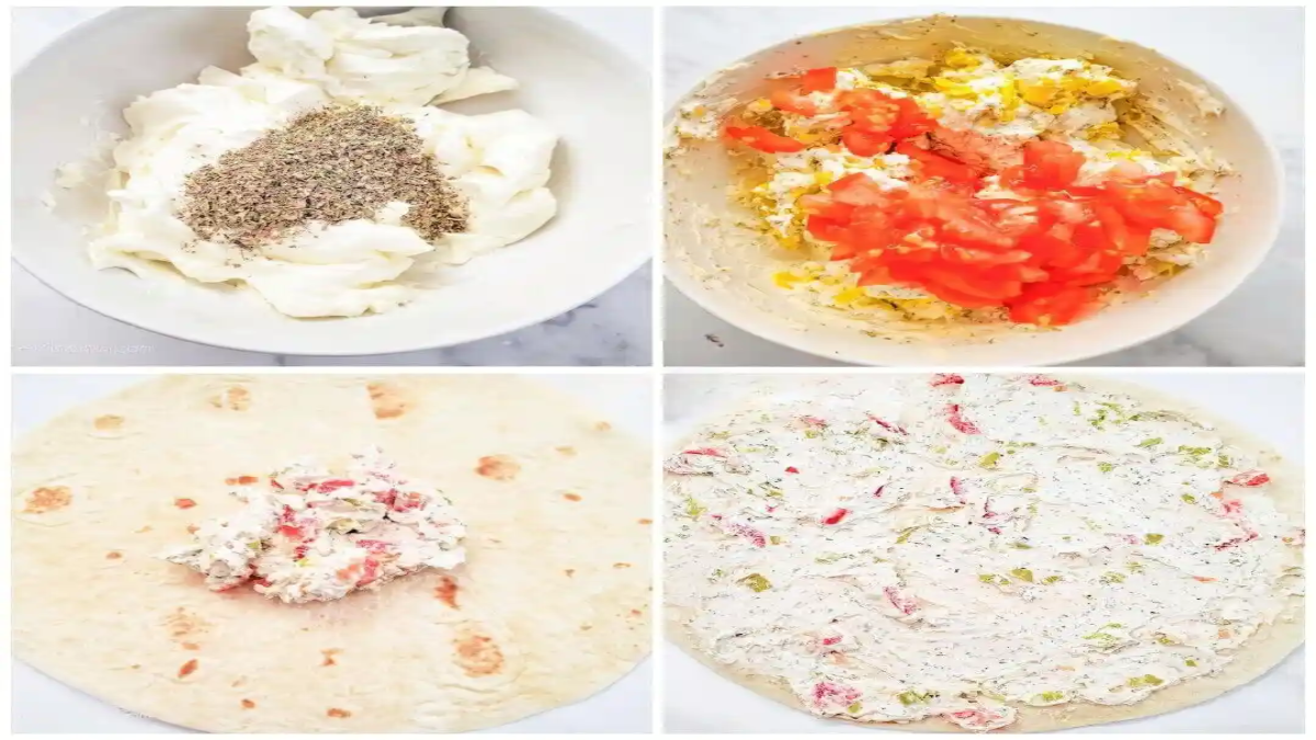 Step-by-step images showing how to make a creamy spread with herbs, peppers, and tomatoes for tortilla wraps.