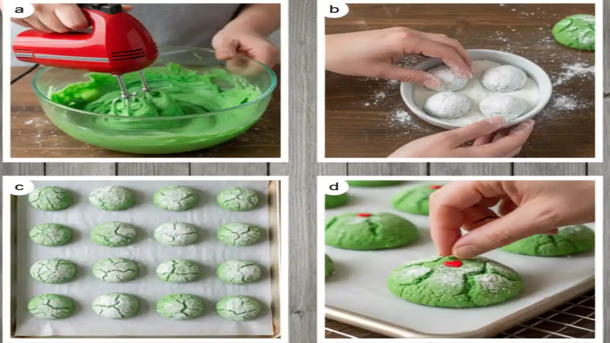 Step-by-step process of making Grinch cookies: mixing green dough, rolling in powdered sugar, baking, and adding heart decorations.