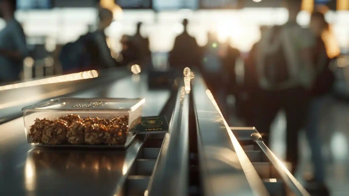 Clear TSA bin with homemade protein balls at airport security checkpoint, with passengers blurred in the background.
