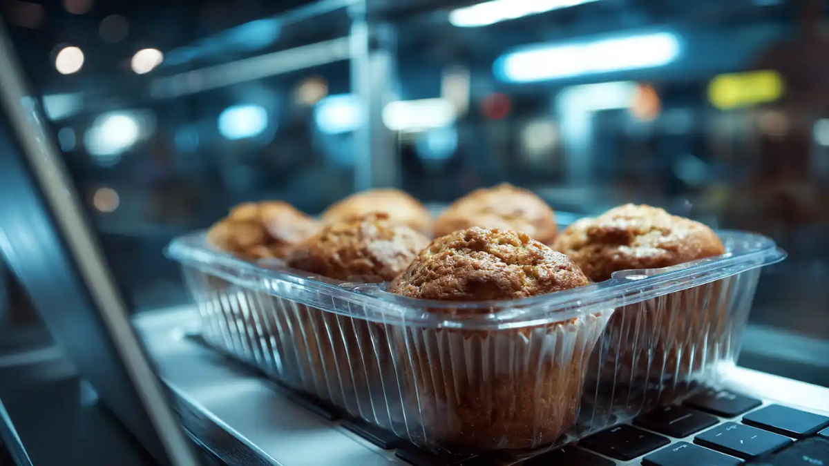 Packaged muffins in a plastic container placed on a laptop, with blurred lights in the background.