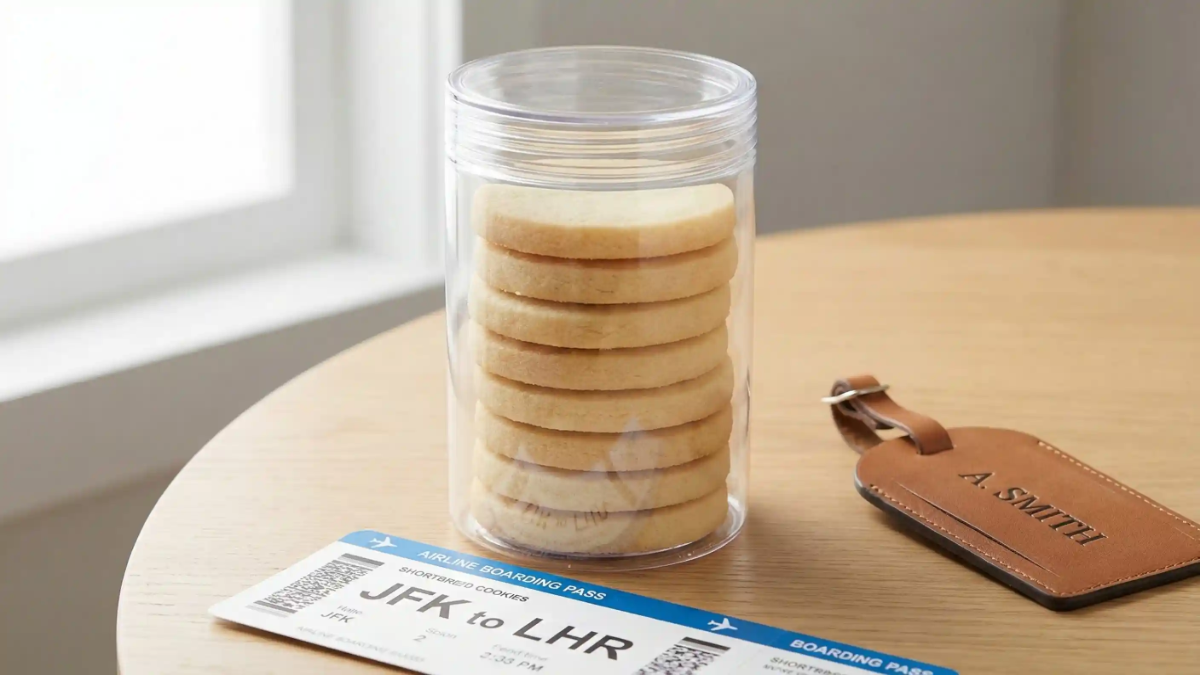 Stack of shortbread cookies in a clear travel-safe container beside a boarding pass from JFK to LHR