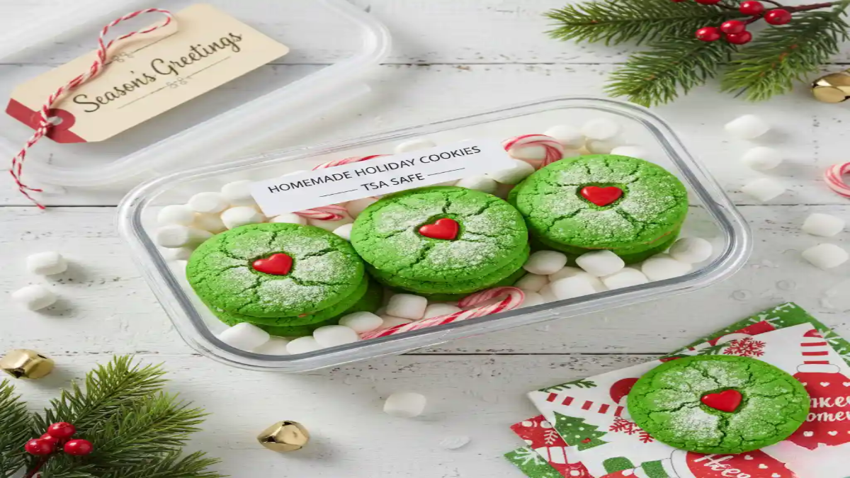 TSA-safe homemade green holiday cookies with red heart decorations packed in a travel container with mini marshmallows and candy canes.