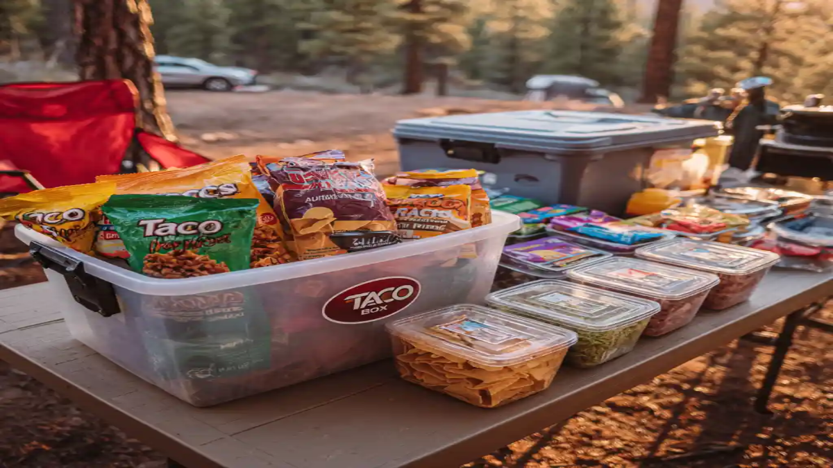 Outdoor taco prep station at a campsite with a plastic “Taco Box,” chips, toppings, and ingredients organized on a table.