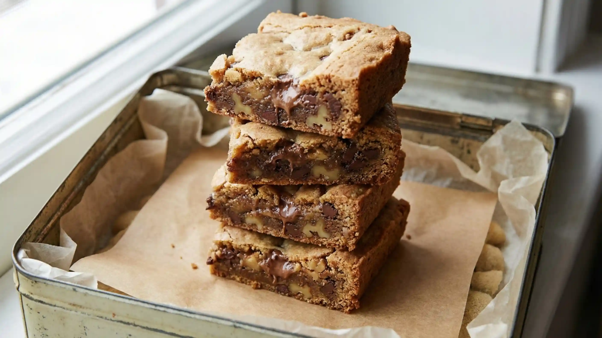 Stack of gooey chocolate walnut cookie bars on parchment paper