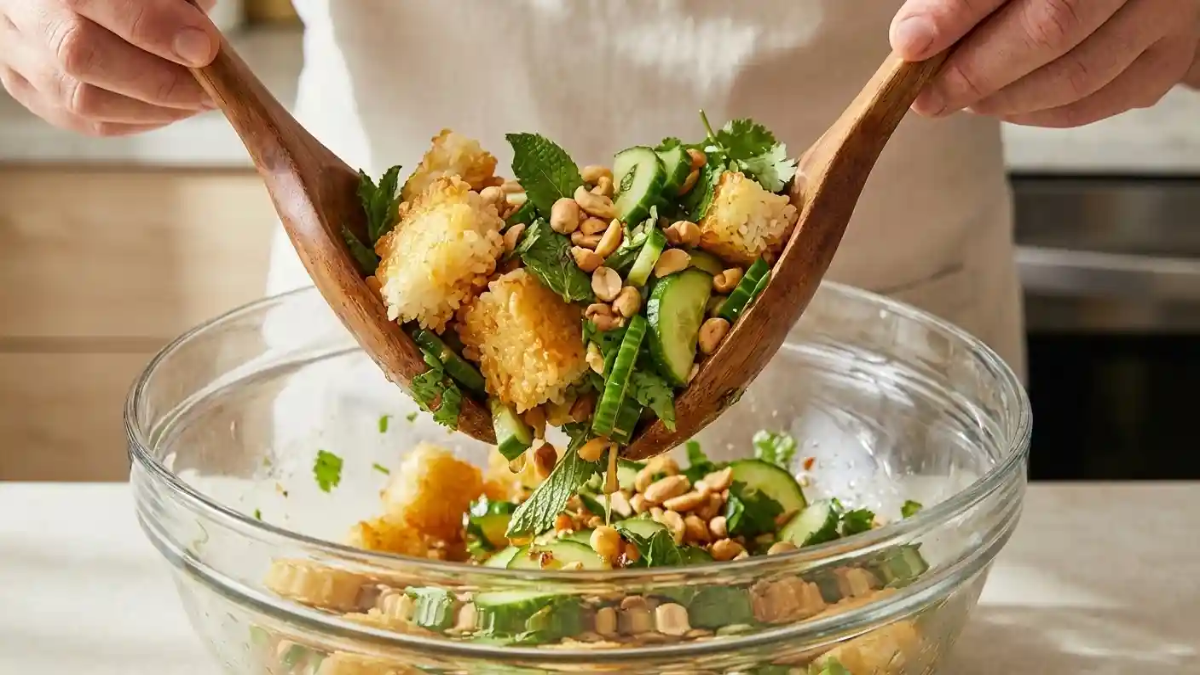 Hands using wooden salad tongs to mix crispy rice, cucumbers, herbs, and peanuts in a glass bowl