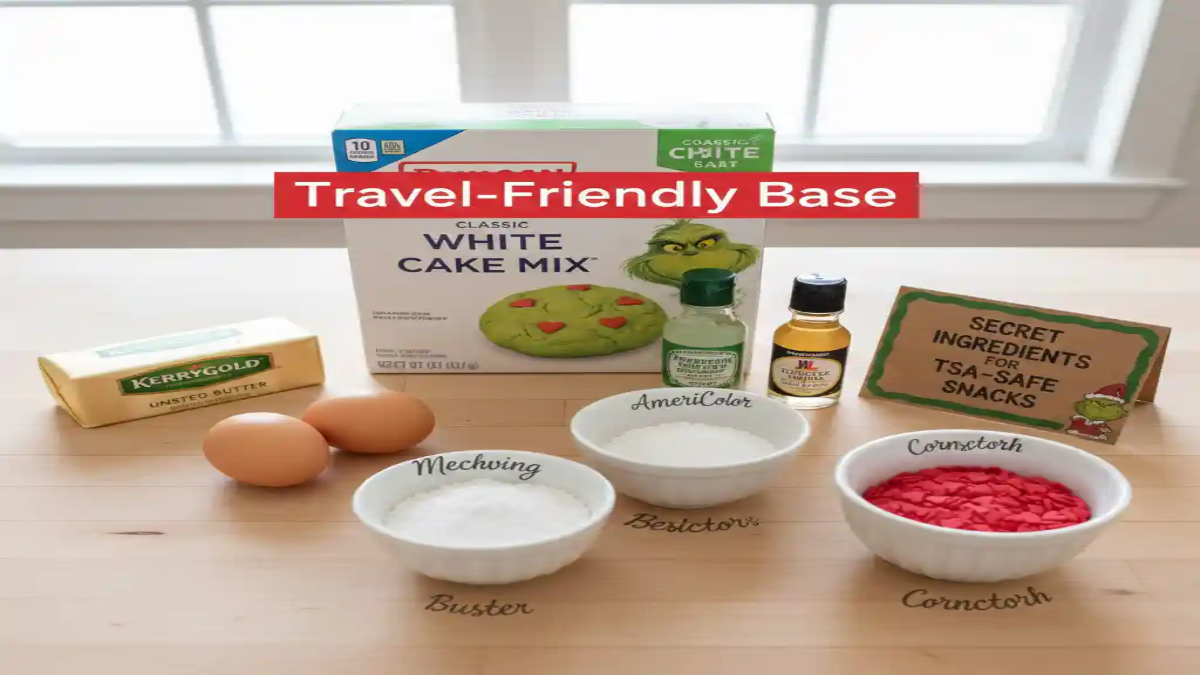 Ingredients for Grinch cookies using a white cake mix base, with TSA-safe and travel-friendly baking essentials.
