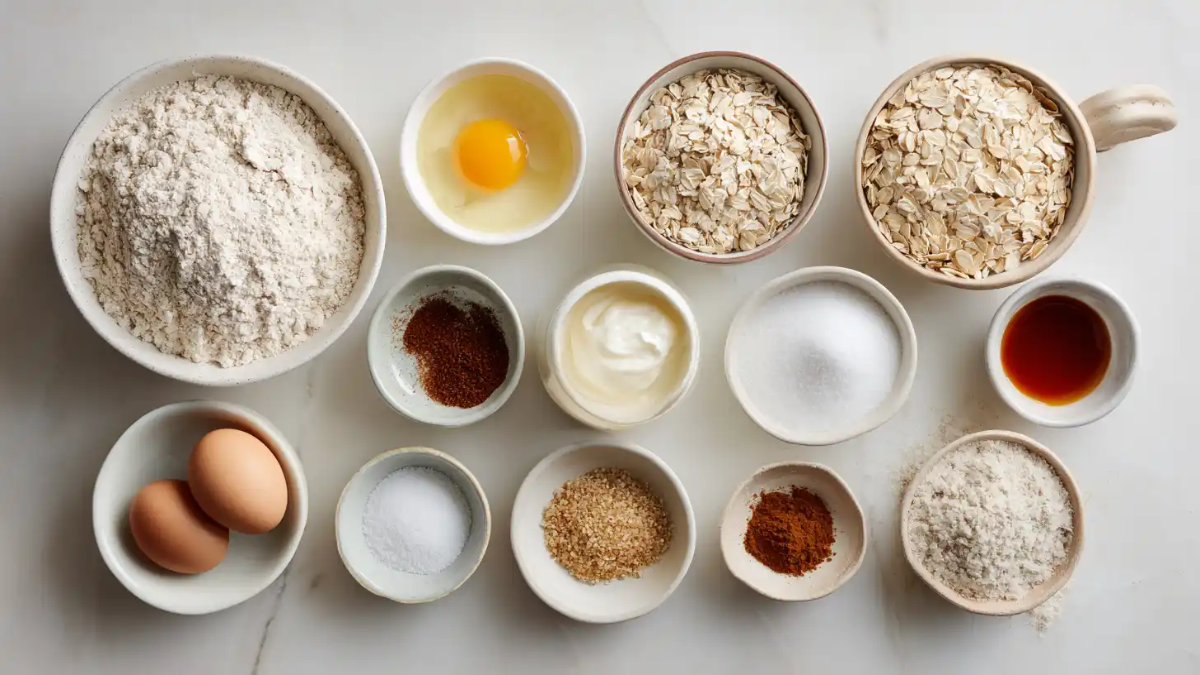 Top-down view of muffin ingredients including flour, eggs, oats, spices, sugar, and vanilla.