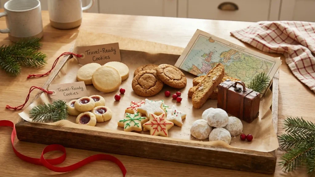 Assorted travel-ready holiday cookies displayed on a wooden tray with tags, a mini suitcase, and a map