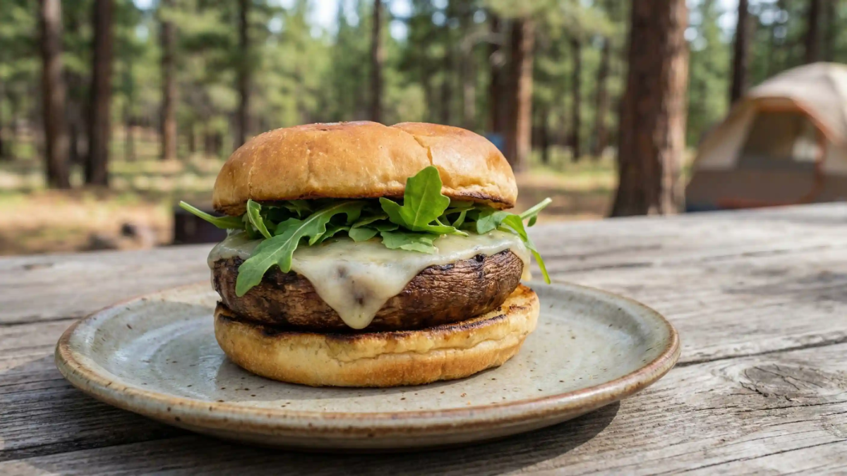 Portobello mushroom burger with melted cheese and arugula on a toasted bun at a campsite
