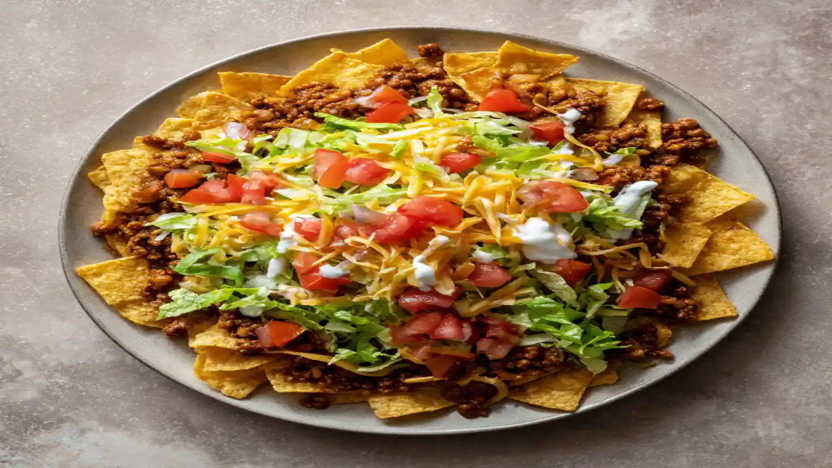 Overhead view of a taco salad on a plate with seasoned ground beef, shredded lettuce, cheddar cheese, diced tomatoes, and tortilla chips.