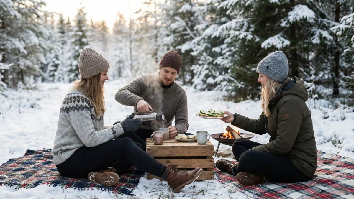 Three people enjoying hot drinks and sandwiches at a cozy winter picnic in the snowy forest.