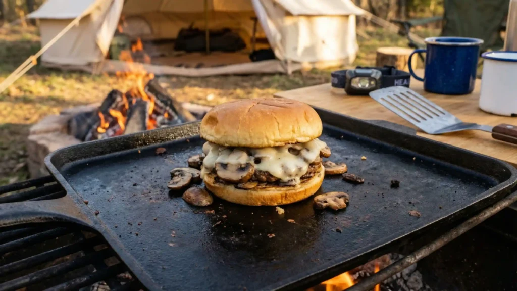 Grilled mushroom Swiss burger cooking over a campfire near a tent