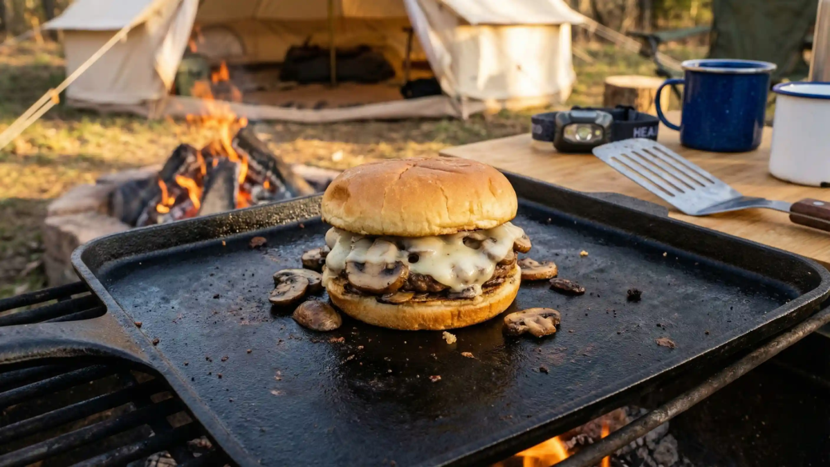 Grilled mushroom Swiss burger cooking over a campfire near a tent