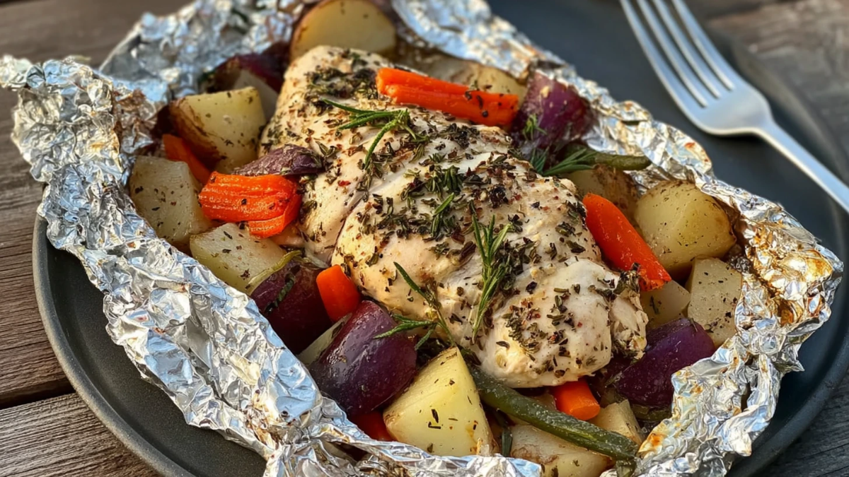 Herb-roasted chicken breast with carrots, potatoes, green beans, and red onions cooked in foil and served on a black plate.