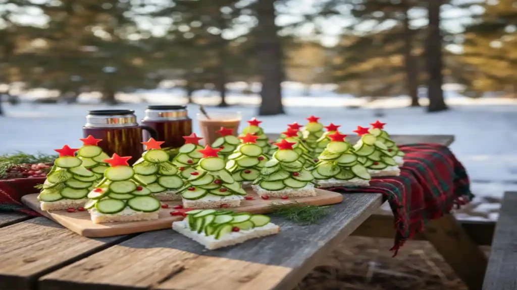 Cucumber Christmas tree sandwiches with star-shaped red pepper toppers served outdoors on a rustic wooden table in winter.