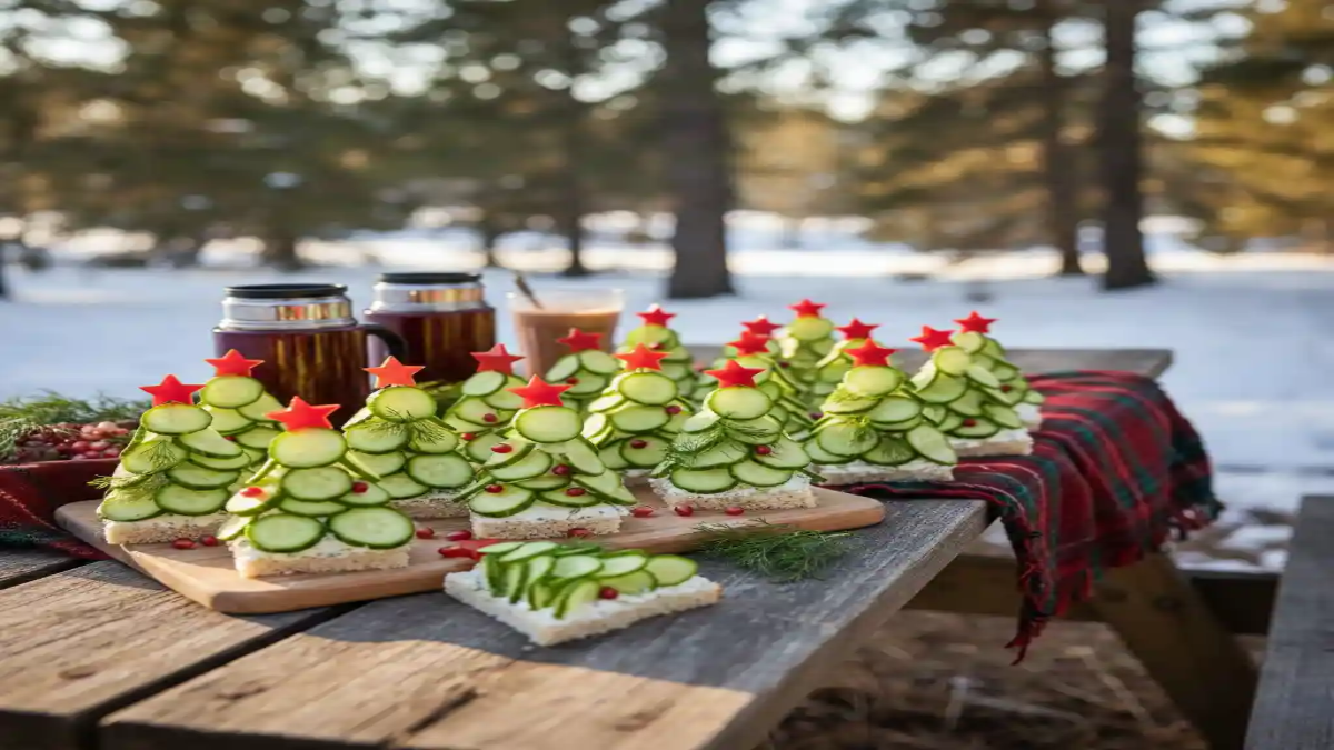 Cucumber Christmas tree sandwiches with star-shaped red pepper toppers served outdoors on a rustic wooden table in winter.