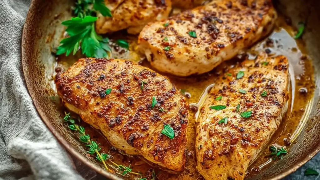 Seared chicken breasts in a skillet with herbs and pan juices.