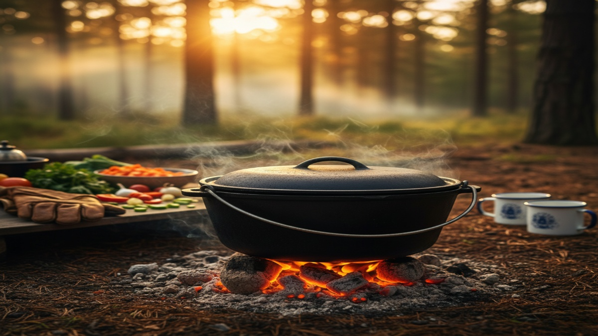 Cast iron Dutch oven with steam rising sits on glowing campfire coals at a forest campsite during golden hour with fresh vegetables and enamel camping mugs nearby