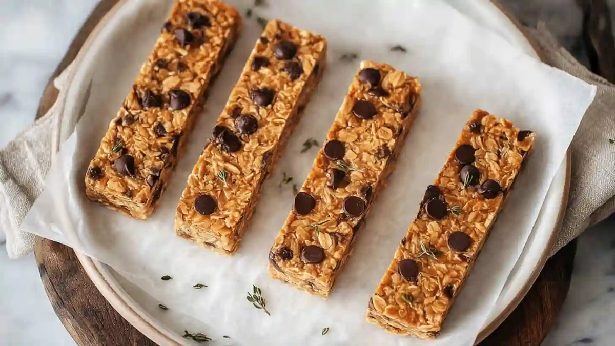 Four homemade oatmeal granola bars with chocolate chips placed on parchment paper over a ceramic plate.