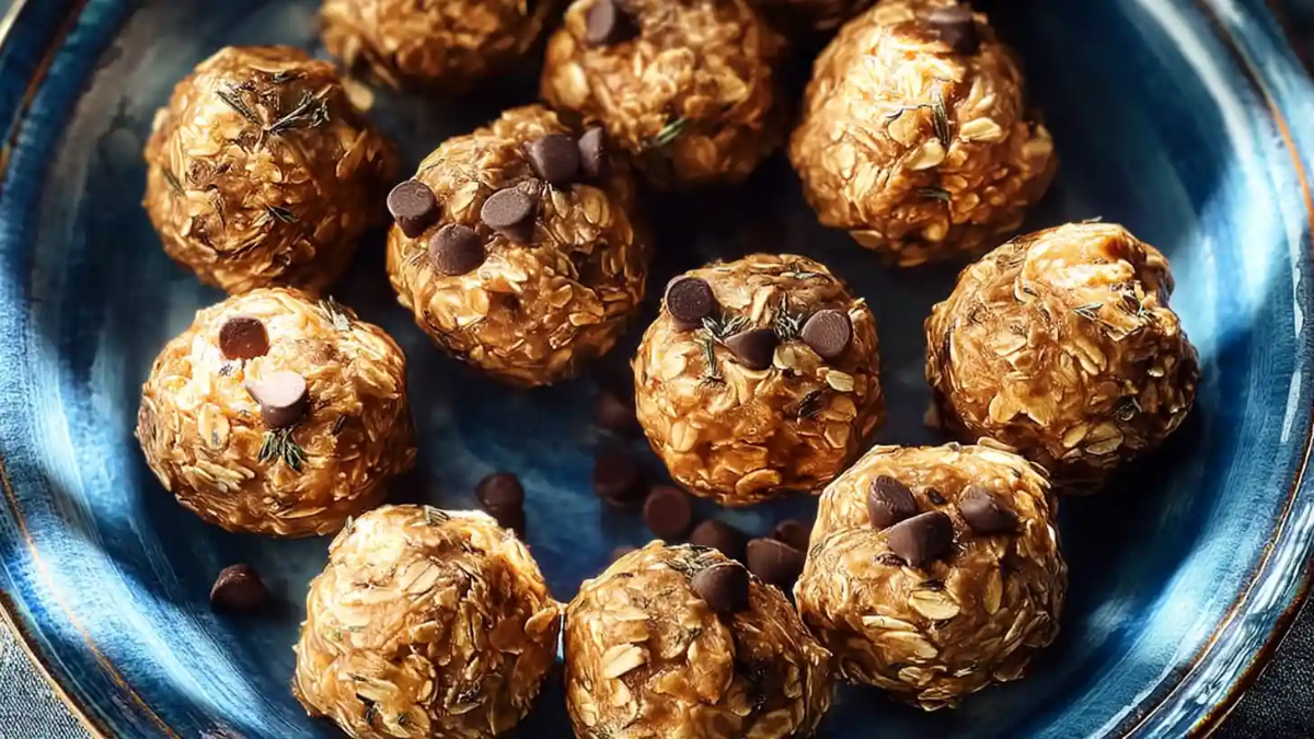 Homemade travel protein balls with oats and chocolate chips arranged on a blue ceramic plate.