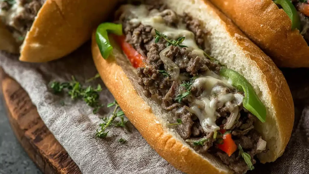 Close-up of a Philly cheesesteak sandwich with melted cheese, sautéed green peppers, onions, and seasoned ground beef in a fresh hoagie roll.