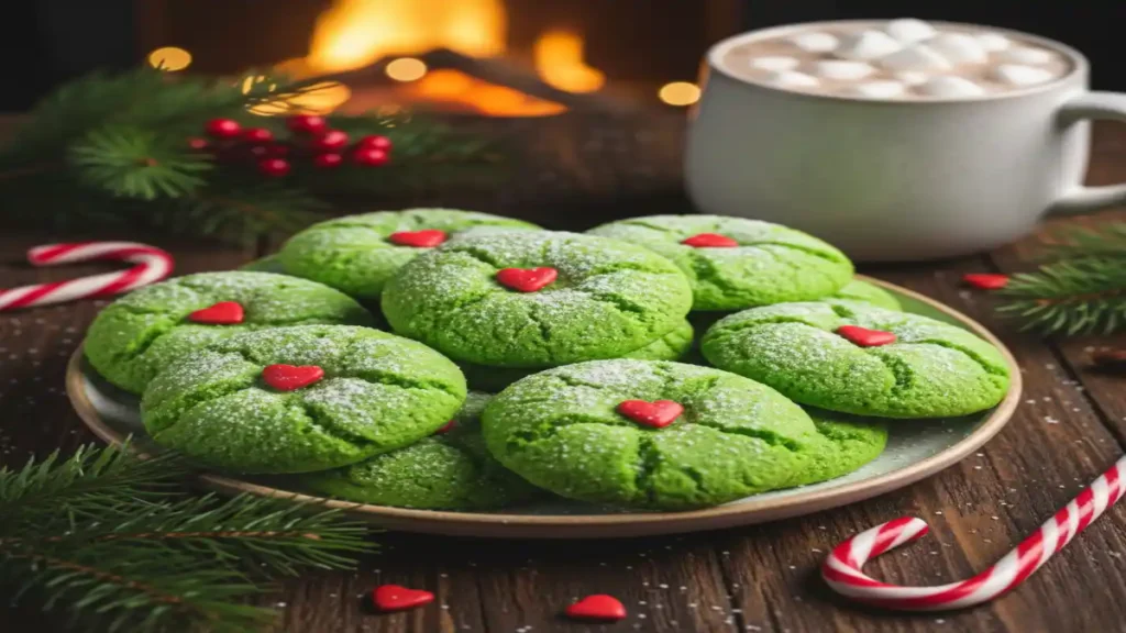 Grinch-themed green Christmas cookies with red heart candy and powdered sugar on a plate beside hot cocoa.