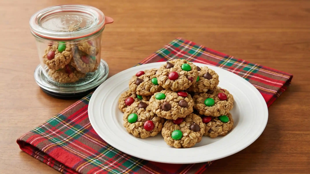 A white plate stacked with festive Mini Monster Cookies topped with red and green M&Ms and chocolate chips, sitting on a red plaid napkin with a glass jar of cookies in the background.