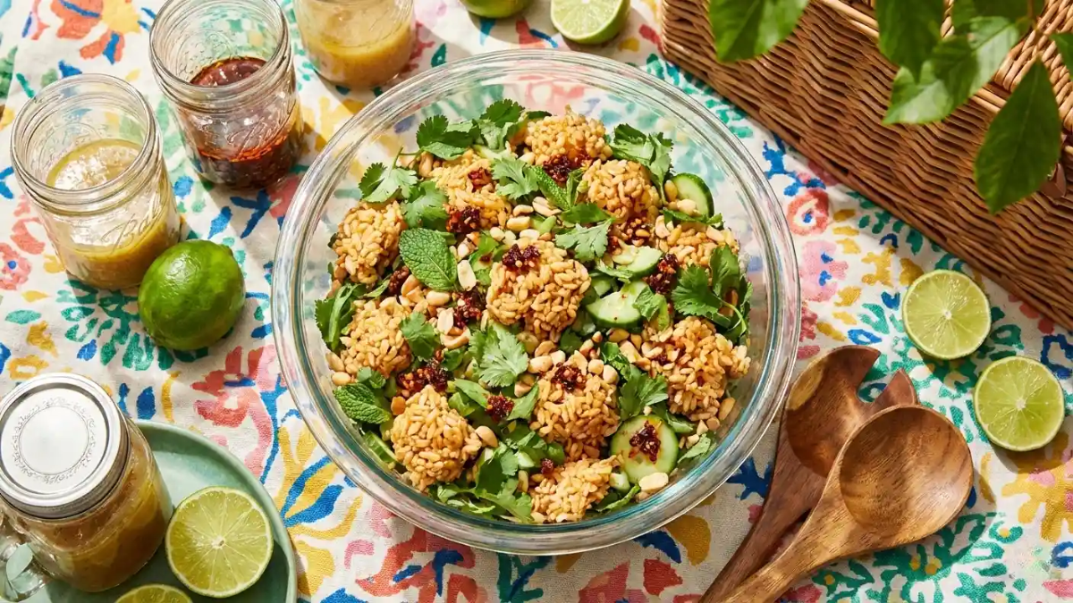 Overhead view of Thai-inspired rice ball salad in a glass bowl on a colorful picnic tablecloth