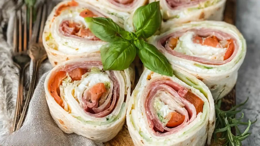 Close-up of Italian-style pinwheel wraps with cured meats, cheese, lettuce, and tomato, garnished with fresh basil.