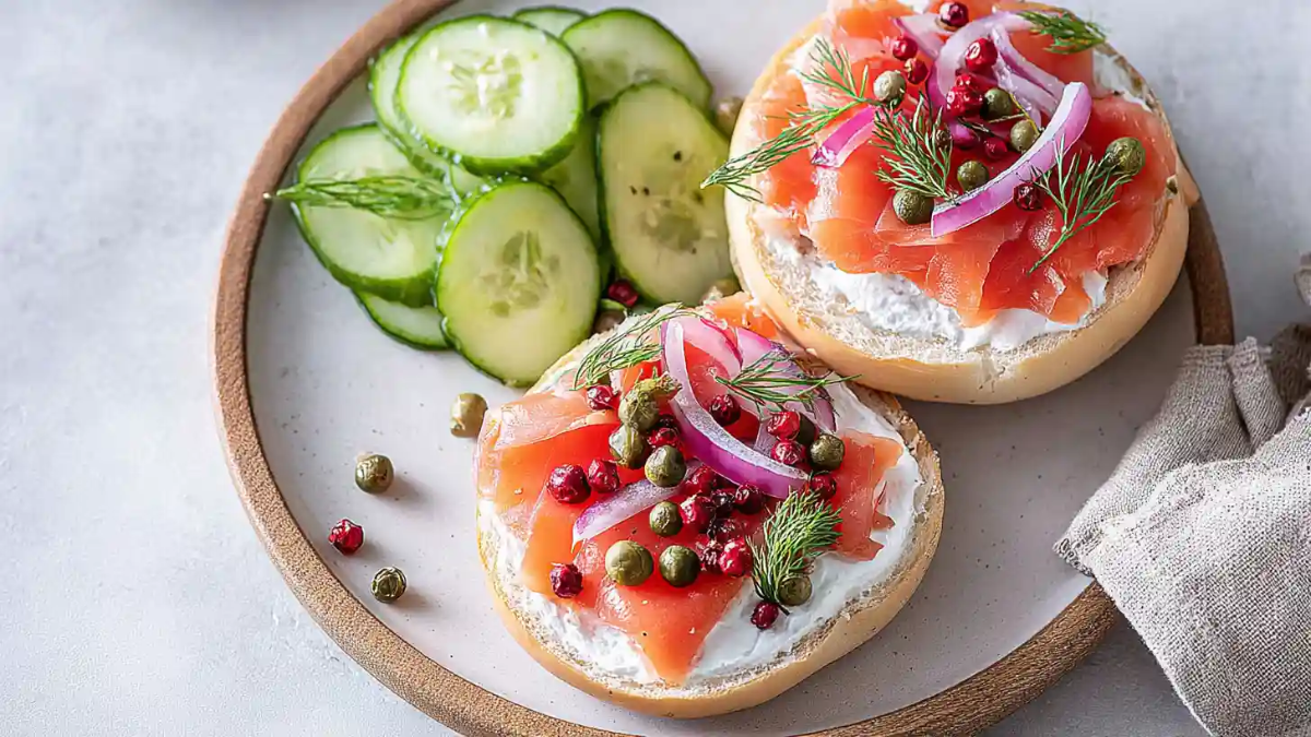 Smoked salmon bagel with cream cheese, capers, red onion, dill, and cucumber slices on a plate.