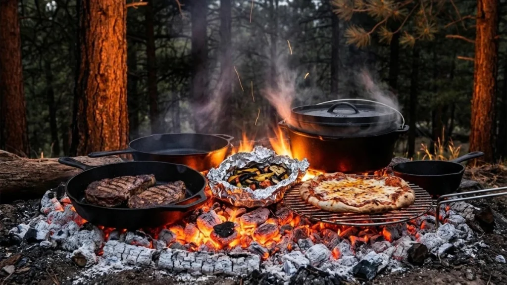 Campfire cooking scene with steaks, grilled vegetables in foil, cast iron pots, and pizza over open flames in a forest setting