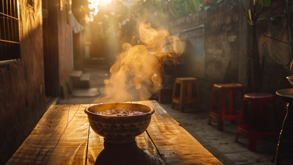Steaming ceramic bowl of rich traditional sauce on rustic wooden table in narrow alley at sunrise with plastic stools and warm golden light - authentic regional street food experience